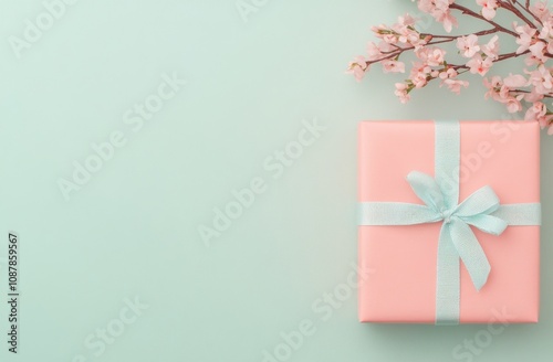 Delicate gift wrapped in pink with blue ribbon held gently against a pastel background with blossoms photo