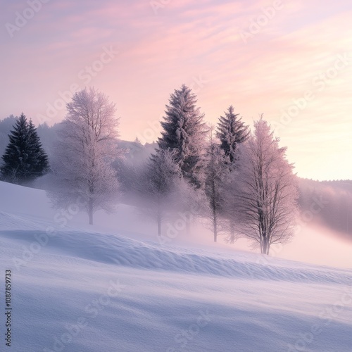 A tranquil winter morning with frosted trees under a soft pastel sky at dawn