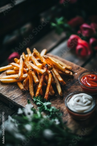 Crispy golden French fries served on wooden board with ketchup and mayonnaise...