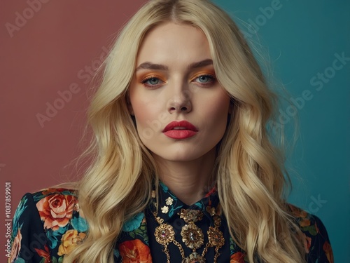 A beautiful woman in eclectic style, featuring bold accessories, vibrant colors, and a unique, artistic expression in a modern setting photo