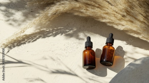 Natural essential oil bottles on soft fabric with golden light and dried plan...