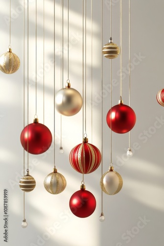 Decorative red and white lanterns hanging in an elegant display for a festive...