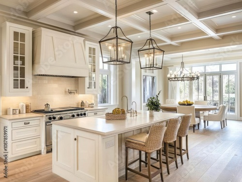 Elegant White Kitchen Island and Dining Area Design