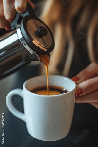 Young woman brews coffee in the kitchen while holding a cup in the morning light