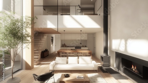 Modern living room with natural light and cozy fireplace in a stylish home se...