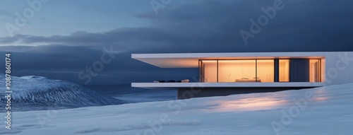 Modern house illuminated at dusk in a snowy landscape with dramatic mountains...