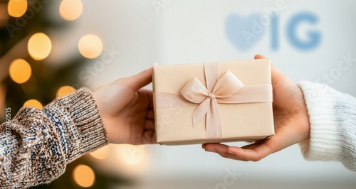 Two men joyfully exchanging gifts during a holiday celebration in a cozy home...