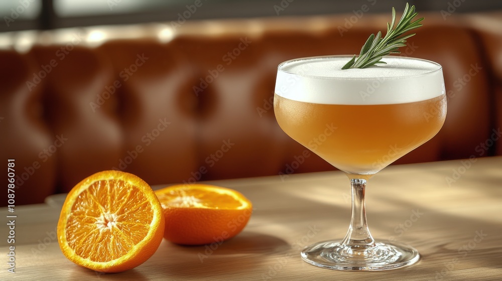 Fototapeta premium Delicious cocktails served with orange slices and herbs on a wooden table in a cozy bar setting