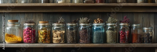 A vibrant collection of glass jars filled with spices arranged on a rustic wo...