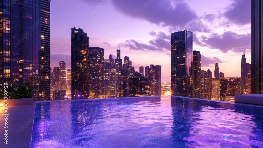 Fototapeta premium Skyline view of city skyscrapers at sunset with rooftop pool