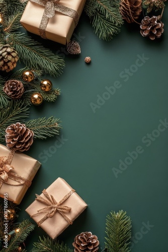 Decorative arrangement of gifts and pinecones on green background for festive...