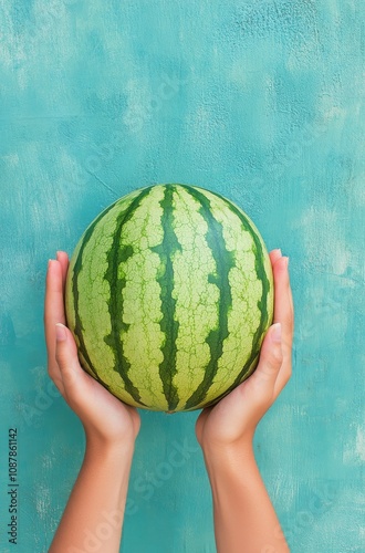 Hands holding a fresh watermelon against a textured blue background in a sunn...