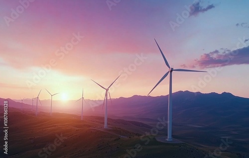 A person standing near wind turbines at sunset in a mountain landscape