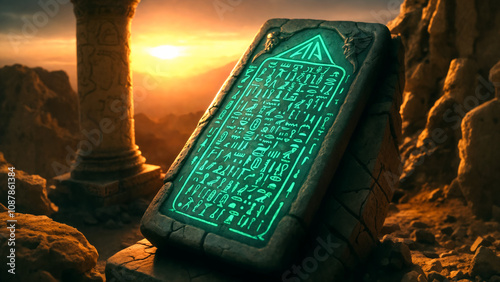 Emerald Tablet of Thoth / Hermes Trismegistus with Egyptian hieroglyphic inscriptions glowing with mysterious green light against desert sunset, stone ruins and pillars in background