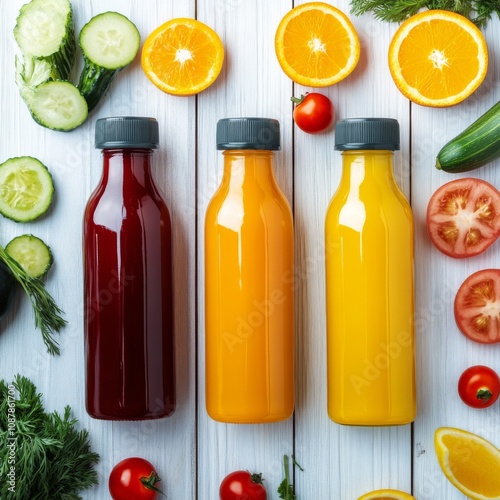 Colorful assortment of fresh juices and vegetables arranged on a wooden table