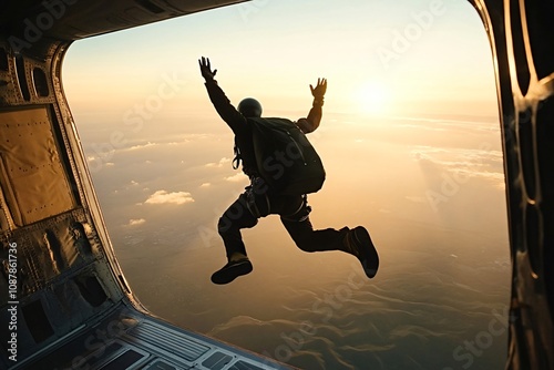 Silhouette of parachutist jumping from an airplane at sunset, experiencing the thrill of freefall above a beautiful landscape