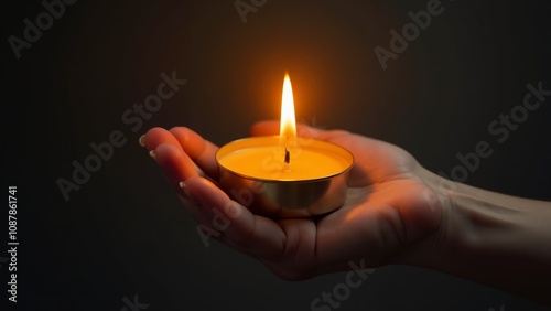 A gentle flame flickers in a hand, radiating warmth and serenity in a dimly lit space