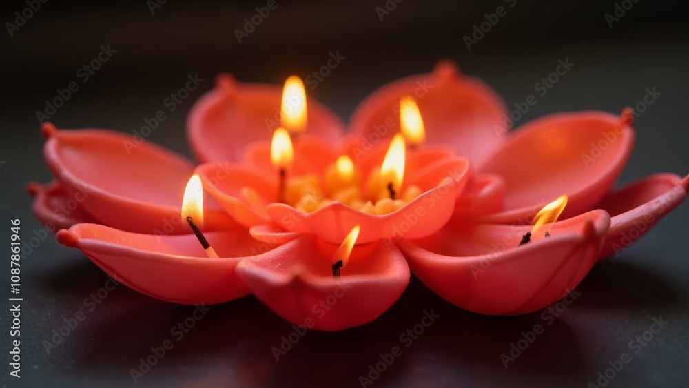 Delicate pink lotus flower lights glowing softly in the evening on a serene table setting Delicate pink lotus flower lights glowing softly in the evening on a serene table setting