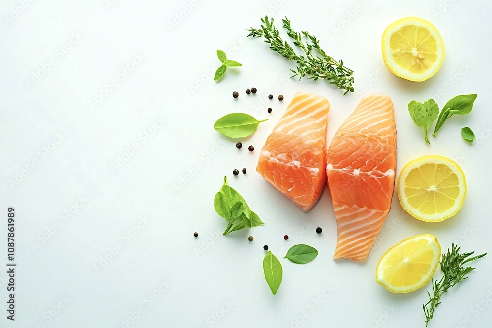 Two salmon fillets are lying on a white surface with lemon slices, black pepper, thyme, basil, and mint leaves, creating a vibrant and appetizing arrangement, copy space for text Two salmon fillets are lying on a white surface with lemon slices, black pepper, thyme, basil, and mint leaves, creating a vibrant and appetizing arrangement, copy space for text