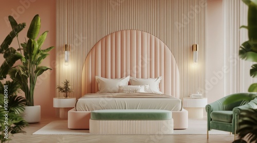 Modern bedroom design with soft colors and elegant furniture in a stylish int...