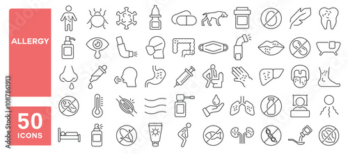 Set of 50 line icons related to allergy, rash, cough, antihistamine, dermatitis, asthma, urticaria, symptom, sneeze, Editable stroke. Vector illustration