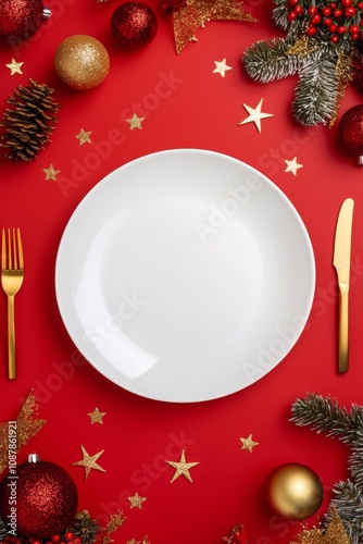 Elegant holiday dinner table setting with red background and golden cutlery i...