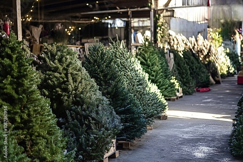 Freshly cut christmas trees are displayed on wooden pallets at a christmas market, waiting for families to choose the perfect one for their holiday celebrations photo