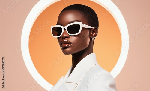 Stylish model wearing sunglasses poses against a bright pink background durin...