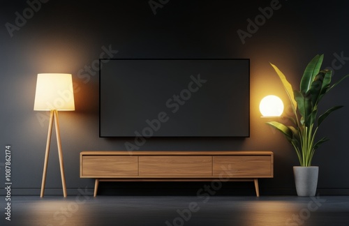 Modern living room setup with television and lamps creating a cozy atmosphere...