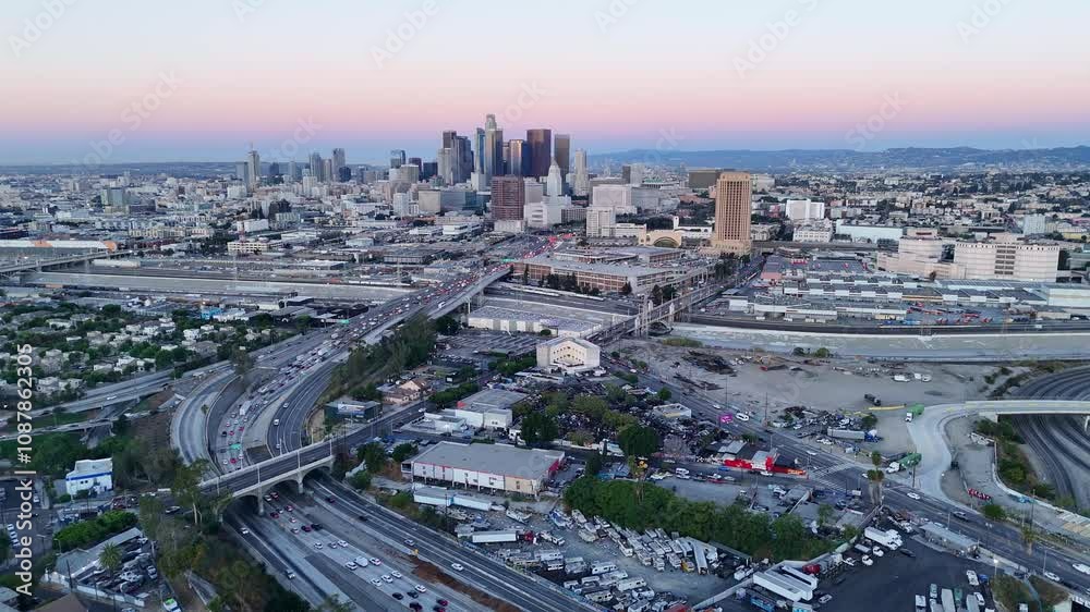 Aerial panoramic view of early commute to downtown Los Angeles, logistic center and railroad tracks before sunrise, blue hour, clear sky. Aerial panoramic view of early commute to downtown Los Angeles, logistic center and railroad tracks before sunrise, blue hour, clear sky.