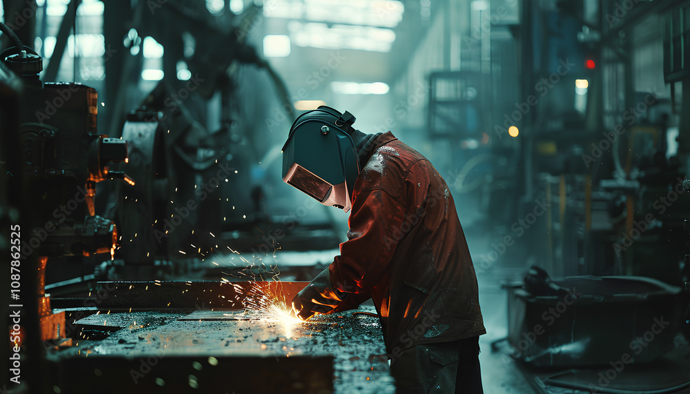 Man Industrial welder worker using a welding torch on metal in a factory. welding worker team working arc weld metal joint production in heavy industry danger and risk workplace with eyes safety Man Industrial welder worker using a welding torch on metal in a factory. welding worker team working arc weld metal joint production in heavy industry danger and risk workplace with eyes safety
