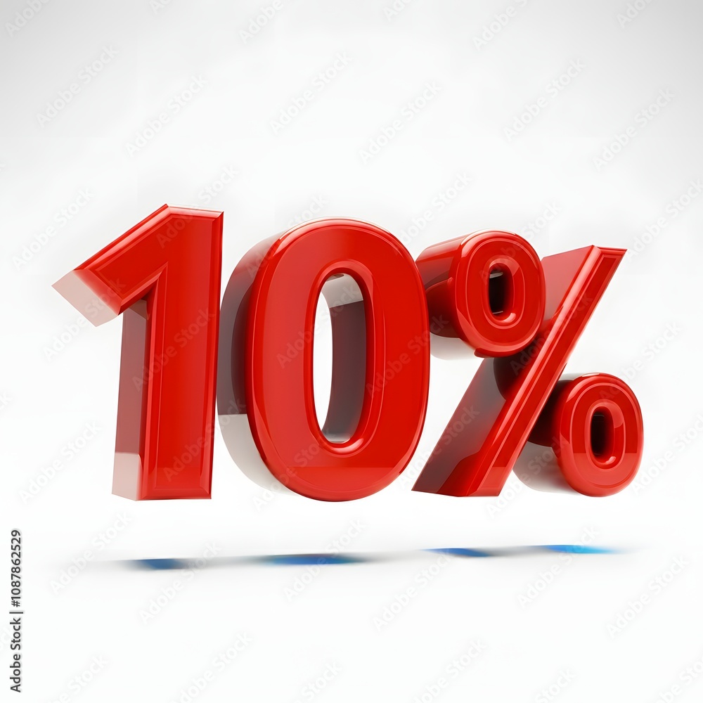 Vibrant 3D image of bold, glossy red text showing '10%' on a pure white background. The text features a sleek and modern design, with reflective and hyper-realistic details ideal for promotional and m Vibrant 3D image of bold, glossy red text showing '10%' on a pure white background. The text features a sleek and modern design, with reflective and hyper-realistic details ideal for promotional and m