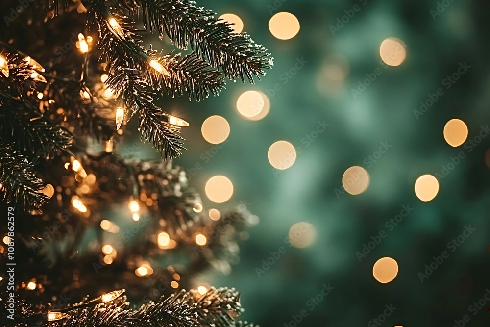 Warm white christmas tree lights illuminating a frosted evergreen tree create a magical and festive holiday atmosphere with a blurred bokeh background Warm white christmas tree lights illuminating a frosted evergreen tree create a magical and festive holiday atmosphere with a blurred bokeh background