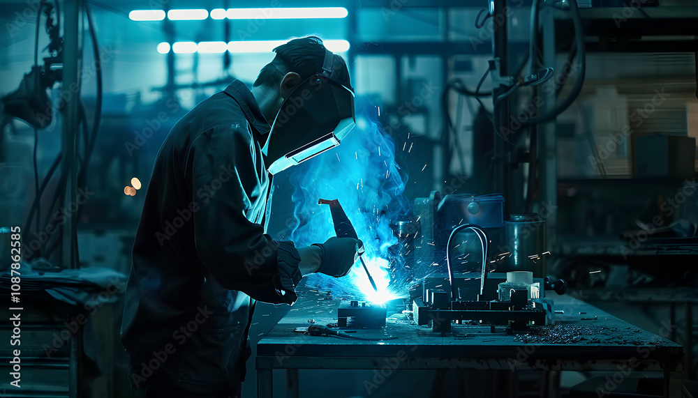 Man Industrial welder worker using a welding torch on metal in a factory. welding worker team working arc weld metal joint production in heavy industry danger and risk workplace with eyes safety Man Industrial welder worker using a welding torch on metal in a factory. welding worker team working arc weld metal joint production in heavy industry danger and risk workplace with eyes safety