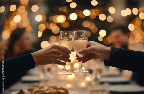 Celebrating with sparkling drinks and festive food during a joyful holiday ga...