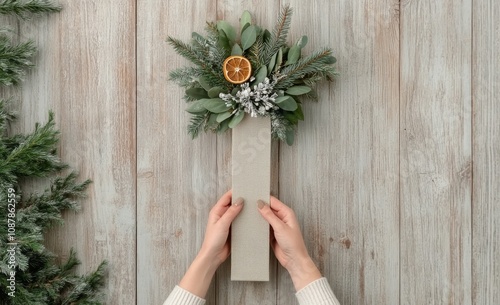 Young woman smiling while holding festive greenery with pinecones and dried o...