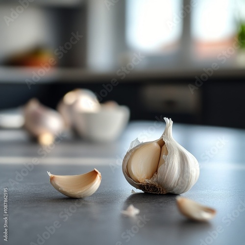 Freshly harvested garlic bulb on kitchen counter with peeled cloves in natura...