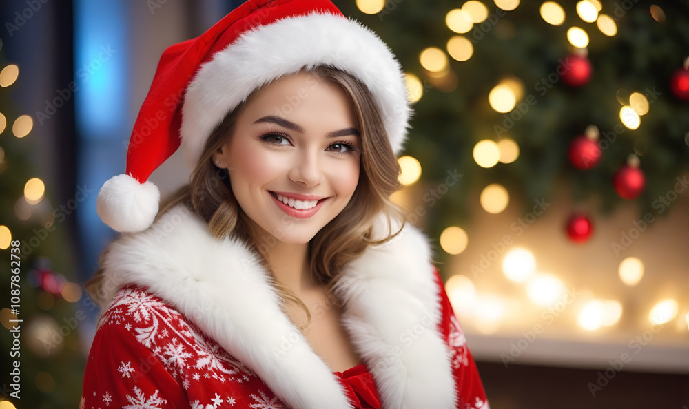 Joyful woman in a Snow Maiden costume against a background of winter lights. Joyful woman in a Snow Maiden costume against a background of winter lights.