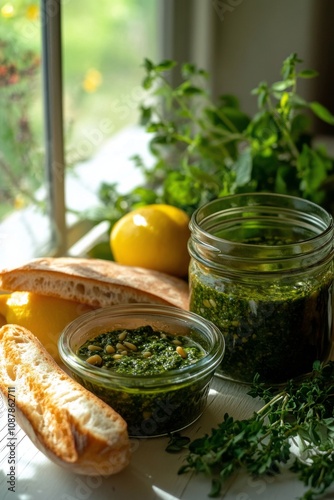 Fresh ingredients displayed with homemade pesto and bread on a rustic table i...
