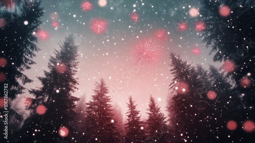 Snowy forest landscape with colorful fireworks during a winter celebration at...
