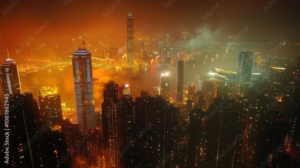 Fototapeta premium Night Hong Kong Skyline: A Dazzling Aerial View of the City's Glowing Lights