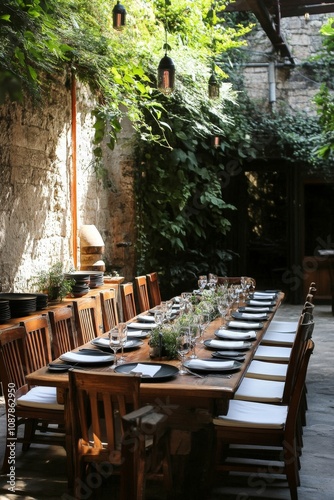 Elegant outdoor dining setup under greenery in a rustic courtyard during even...