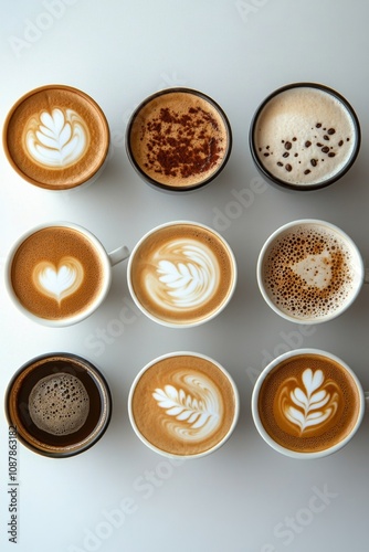 A variety of coffee cups with latte art displayed on a white surface in a cozy cafe setting