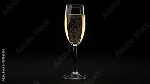 A sparkling flute filled with bubbly champagne against a dark background.