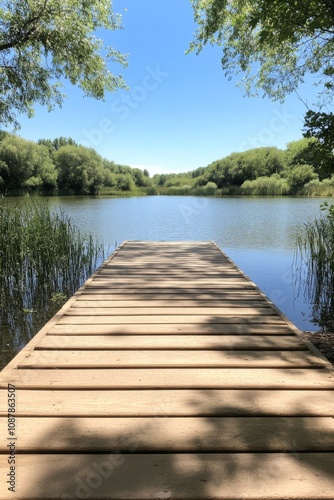 Wooden dock extending into calm water surrounded by lush greenery on a sunny day