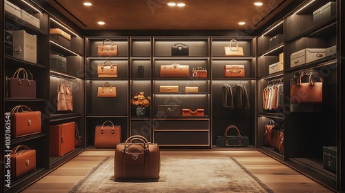 A luxurious closet filled with designer bags and clothing, showcasing elegance and organization.