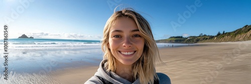 Happy woman smiling at the beach on a sunny day with waves and clouds in the ...