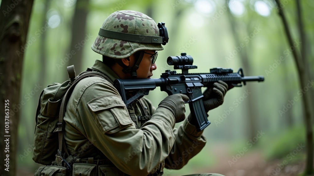 A soldier dressed in camouflage focuses intently on his target while holding a rifle, surrounded by tall trees in a forest during the early morning hours A soldier dressed in camouflage focuses intently on his target while holding a rifle, surrounded by tall trees in a forest during the early morning hours
