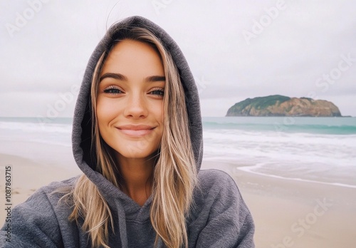 Young woman with long hair in a hoodie smiling on the beach during cloudy wea...
