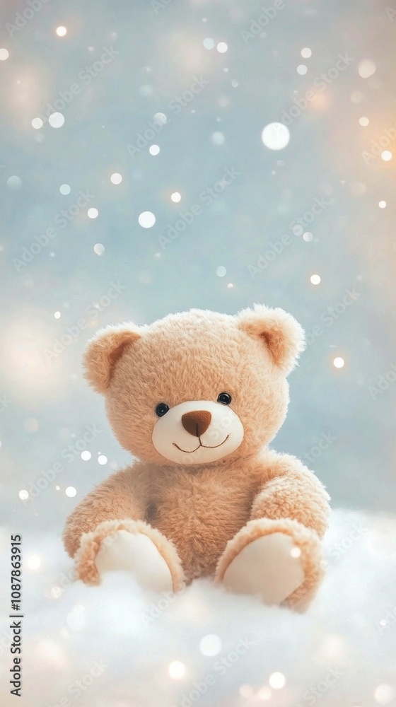 Soft bear sitting on fluffy clouds with blue background during a serene moment Soft bear sitting on fluffy clouds with blue background during a serene moment